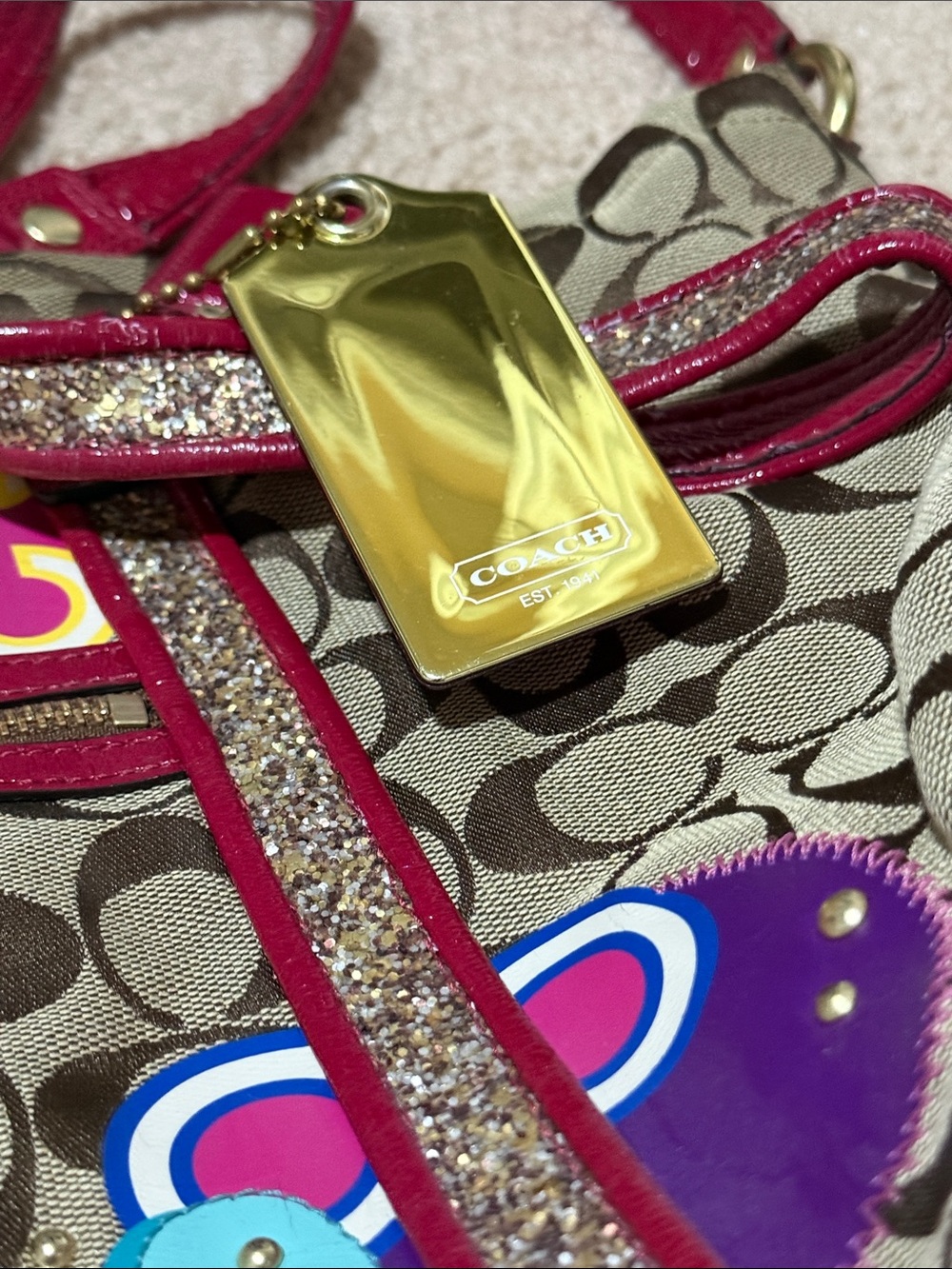 Coach Beige Signature Tote with Pink Trim and Multicolor Accents - Picture 6 of 8